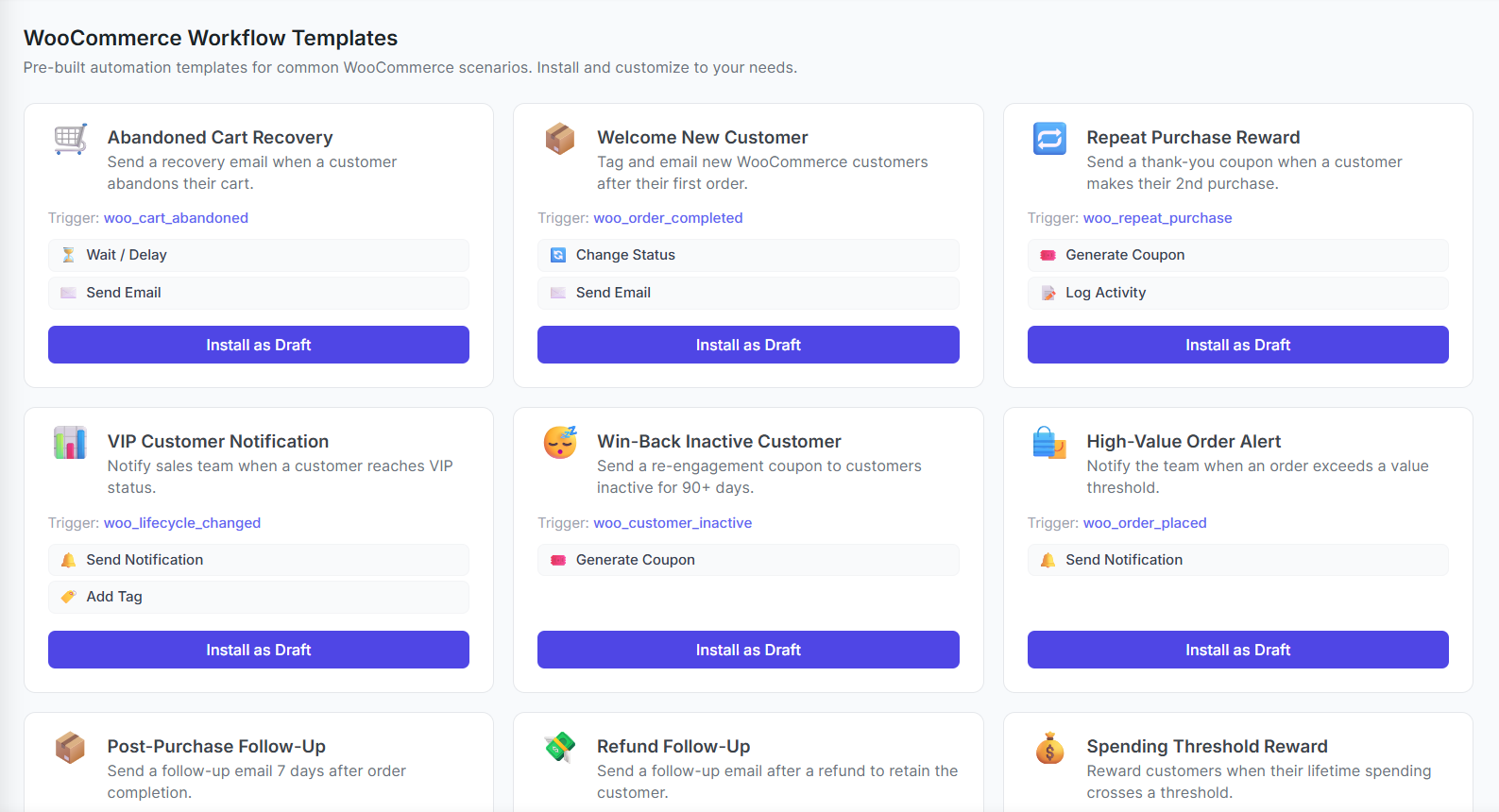 WooCommerce workflow templates library with 16 pre-built automations