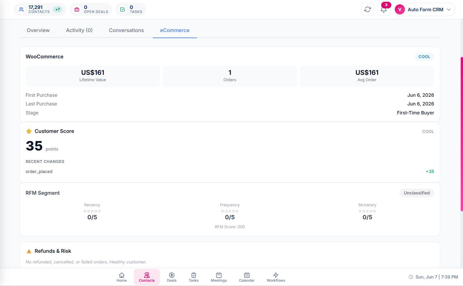 Auto Form CRM eCommerce dashboard showing RFM segment cards, customer scores, and order intelligence