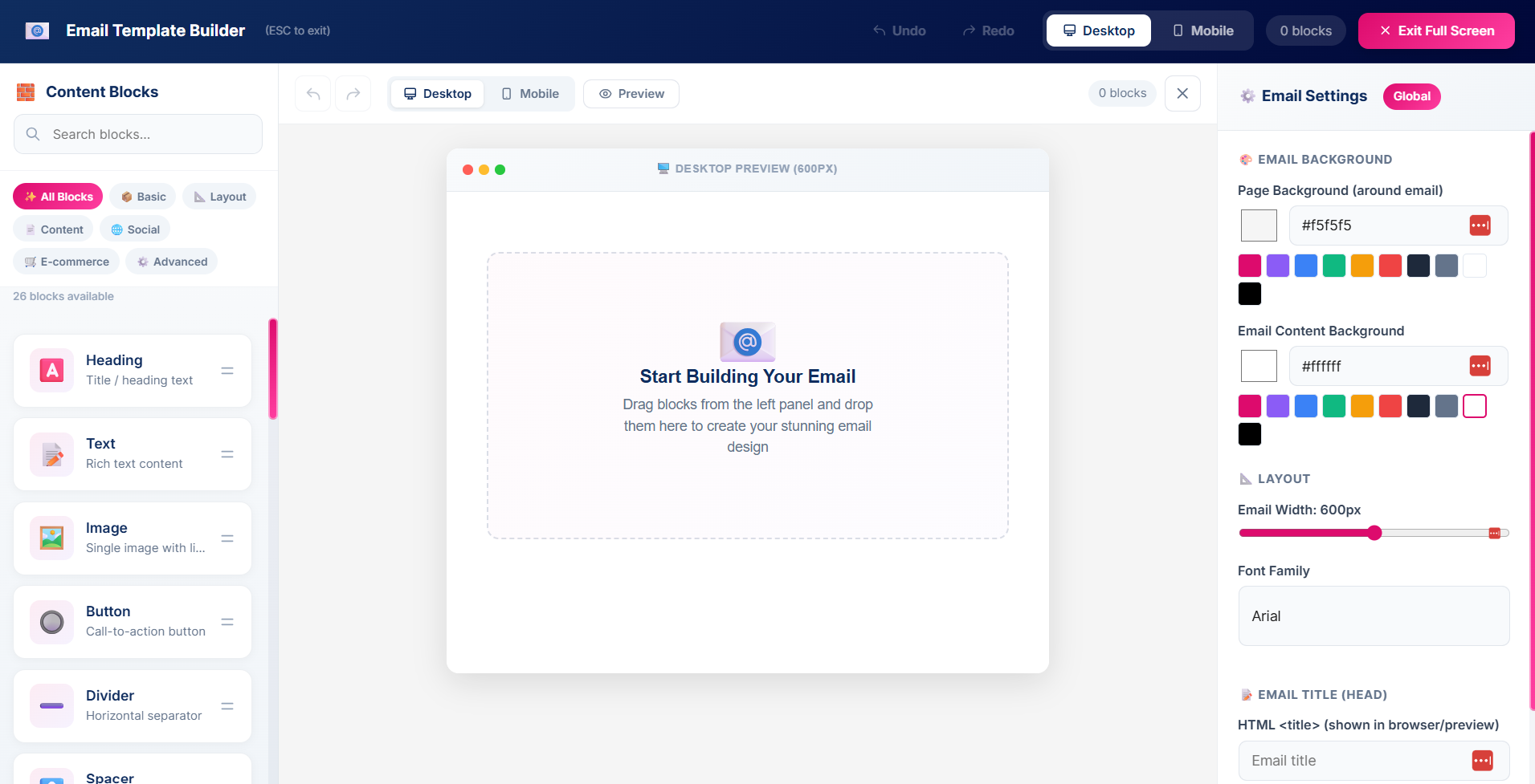 Auto Form CRM Email Template Builder in full-screen mode showing the Content Blocks library on the left, the Desktop Preview canvas in the center, and the Email Settings panel on the right.